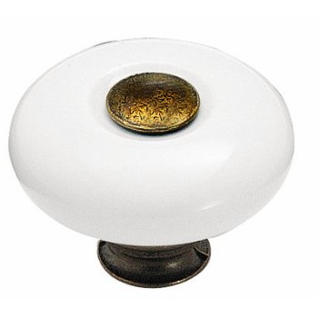 Knob - White Porcelain with Antiqued Brass Finish - 1.25 inch