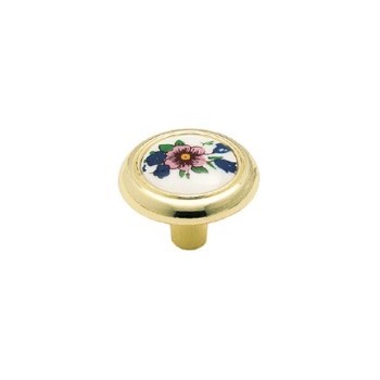 Knob - Polished Brass Finish with Floral Plastic Insert 