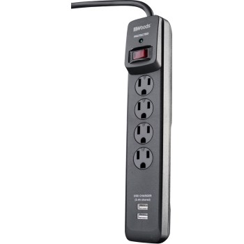 Woods Brand 4 Outlet Surge Protector w/USB Charging Port + 3' Cord