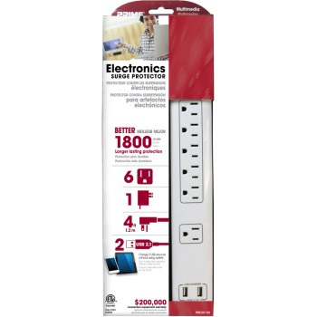 6 Outlet Surge Protector w/USB Charger + 4' Cord