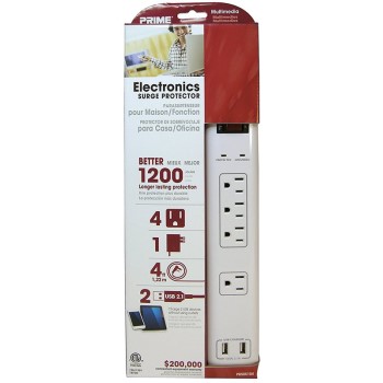 4 Outlet Surge Protector w/USB Charger + 4' Cord