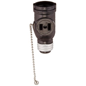 2 Outlet Socket Adapter w/Pull Chain, Black