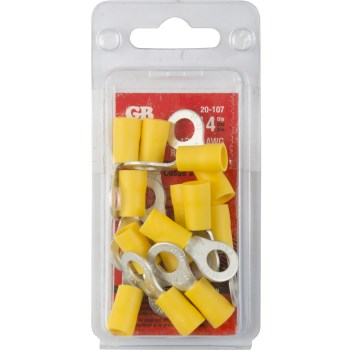 Vinyl Ring Terminal, Yellow 12-10 AWG - #12-1/4" Stud, 14pk