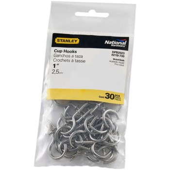 Cup Hooks, Satin Nickel Finish ~ 1"