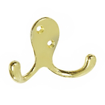 Coat & Hat Double Hook ~ w/Screws,  Polished Brass Finish  