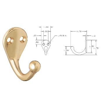 Wardrobe Hook, Single Brass ~ 1.76 T x 1" W