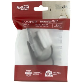 National Cooper Multi-Purpose Hook 2pk - Matte Black