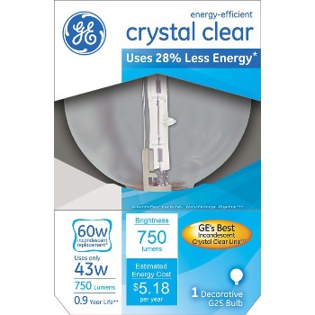 Energy Efficient Halogen Globe Bulb - 43 watt/60 watt ~ Clear