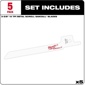 Milwaukee SAWZALL Bi-Metal Scroll Blade, 14 TPI - 3-5/8", 5pk