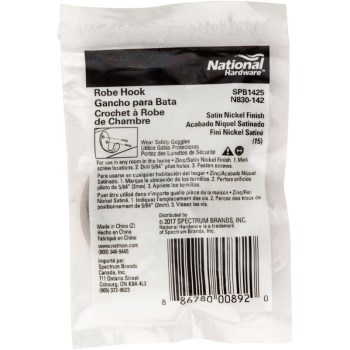 Single Prong Robe Hook, Satin Nickel