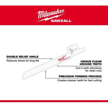 Milwaukee SAWZALL Bi-Metal Scroll Blade, 14 TPI - 3-5/8", 5pk