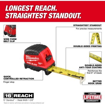 Wide Blade Tape Measure - 16 Ft