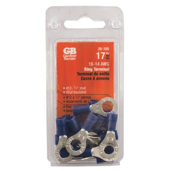 Vinyl Ring Terminal, Blue 16-14 AWG - #12-1/4" Stud, 17pk