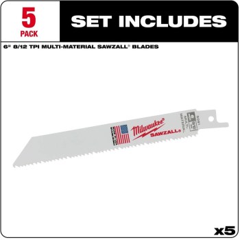 Milwaukee Sawzall Multi-Material Blade, 8/12 TPI 5pk - 6"