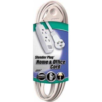Woods SlenderPlug Indoor Extension Cord   White   16/3 x  6 Ft   3-Outlet