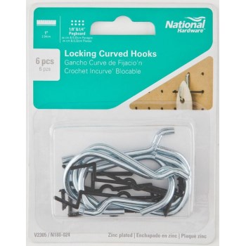 Locking Curved Pegboard Hooks, Zinc Plated ~ 1"