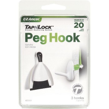 Tap-N-Lock Peg Hook Anchor, 20 LB ~ Pack of 3 
