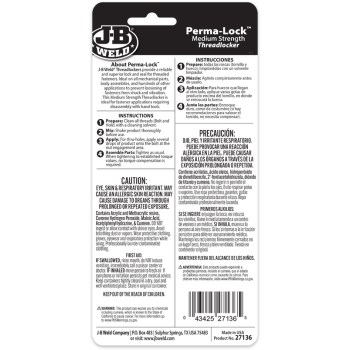 J-B Weld Perma-Lock Threadlocker, Red - 36 ml