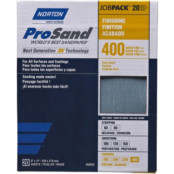 Norton 076607026323 3x Sanding Sheets, 400 Grit ~ 9" x 11"