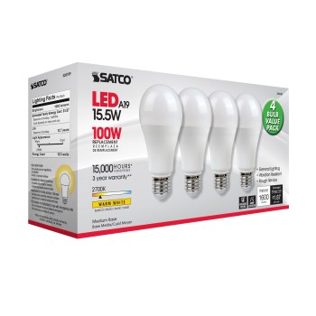Satco 15.5W LED A19 Bulb, Warm White 2700K - 4pk