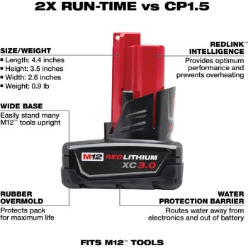 Milwaukee M12 REDLITHIUM XC3.0 Battery Pack - 3.0Ah, 2pk