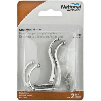 Coat & Hat Hook ~  Nickel Finish w/Screws,  2 pak
