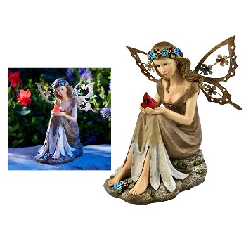 Solar Garden Fairy with Cardinal Statue ~ LED 