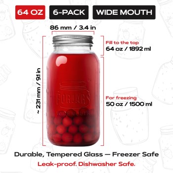 Forjars Wide Mouth Glass Canning Jars - 64 oz, 6pk