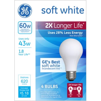 2X Longer Life Soft White Incandescent Bulbs ~ 620 Lumens