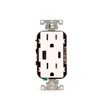 Leviton Duplex Receptacle & USB Charger, A+C Combo - White