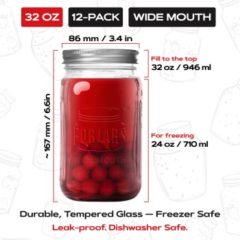 Forjars Wide Mouth Glass Canning Jars - 32 oz, 12pk