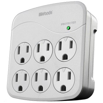 Coleman Cable 41076 Woods Wall Tap w/Surge Protection, White ~ 6 Outlet 