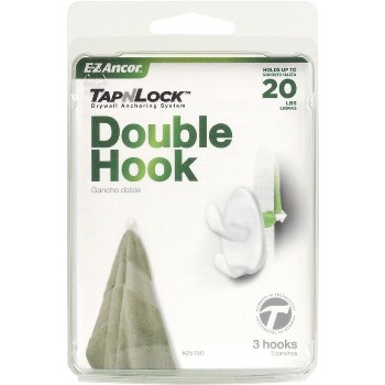 Tap-N-Lock Wall Anchors, Double Hook 20 LB ~ Pack of 3 