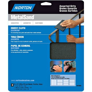 Norton 076607478559 Emery Cloth,  Assorted Metal Sanding ~ 9" x 11"/Pack of 3