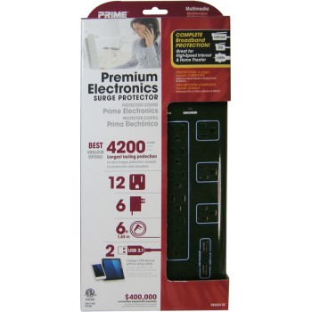 Prime Wire/Cable PB504142 12 Outlet Home Entertainment Surge Protector w/6 Cord