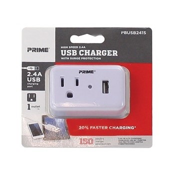 Prime Wire/Cable PBUSB241S 1 Outlet & USB Surge Tap Charger ~ 150 Joules