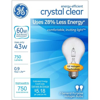 General Electric 78796 Halogen Bulb, Clear Energy Efficient ~ A19 + 43 Watt