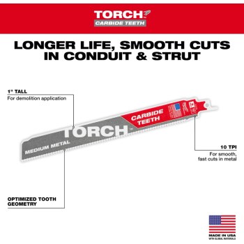 Milwaukee Torch Carbide Reciprocating Blade - 9", 10 TPI, 5pk