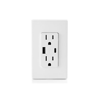 Leviton Duplex Receptacle & USB Charger, A+C Combo - White