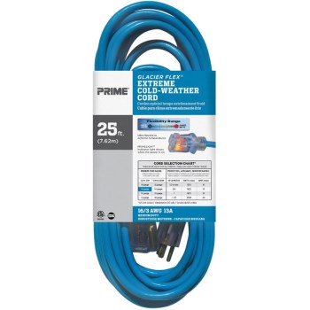 Prime Glacier Flex Extension Cord, SJTW - 16/3 x 25 Ft