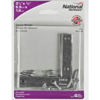 National Hardware Flat Corner Brace, Zinc Plated - 3-1/2" x 5/8", 4pk