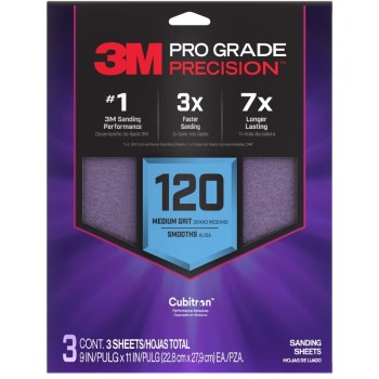 3M ProGrade Precision Sandpaper, 120 Grit - 9" x 11", 3pk
