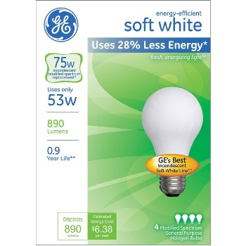General Electric  66248 Energy Efficient Halogen Bulb - 53 watt/75 watt ~ Soft White