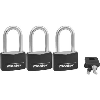 MasterLock 141TRILF Long Shackle Covered Padlock, 3-pack Keyed Alike - 1 9/16"