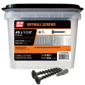 Grip-Rite 1-1/4" Coarse Thread Drywall Screw - Black Phosphate, 25 lb Bucket